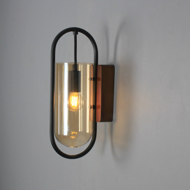 Modern Simplicity Oval Glass Metal Wood 1-Light Wall Sconce Lamp For Bedroom