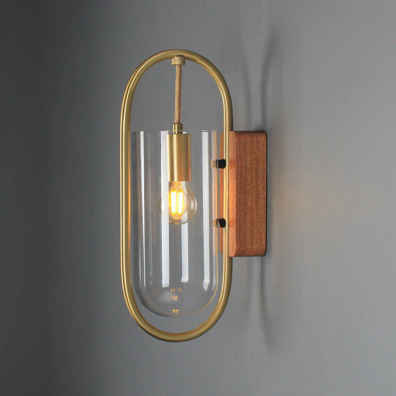 Modern Simplicity Oval Glass Metal Wood 1-Light Wall Sconce Lamp For Bedroom