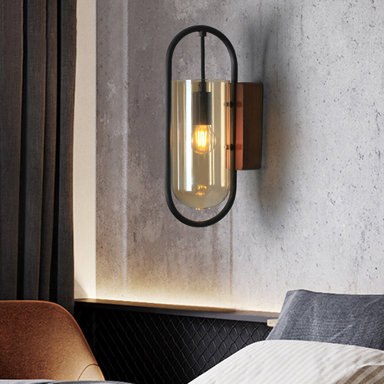 Modern Simplicity Oval Glass Metal Wood 1-Light Wall Sconce Lamp For Bedroom