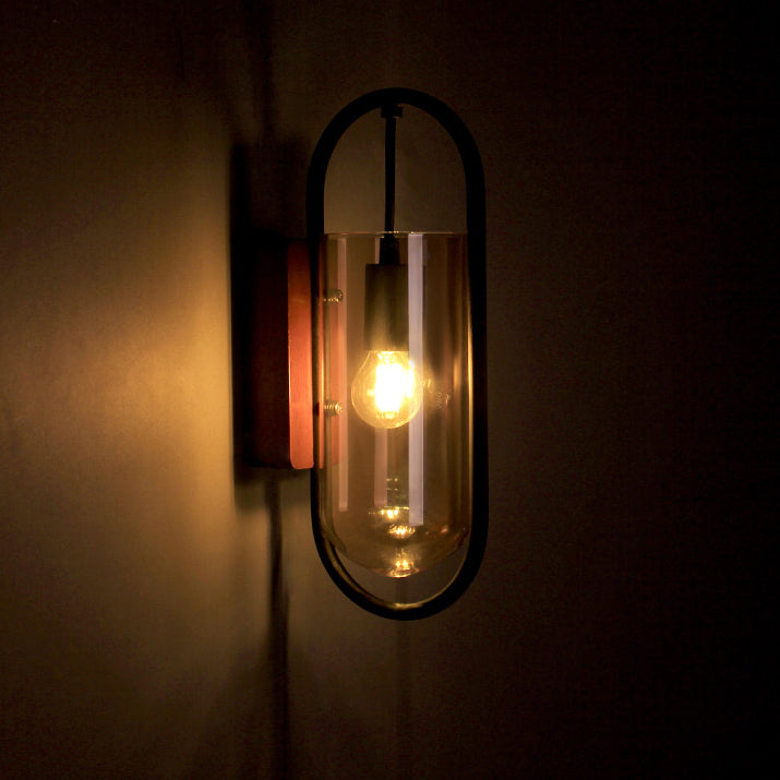 Modern Simplicity Oval Glass Metal Wood 1-Light Wall Sconce Lamp For Bedroom