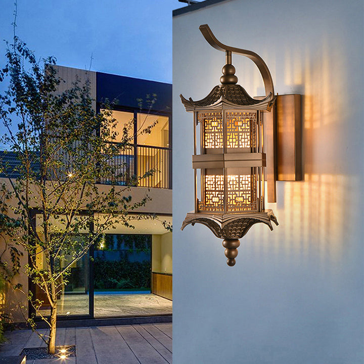 Lámpara Aplique de Pared de 1 Luz de Metal Rectangular de Torre China Tradicional para Patio Exterior 