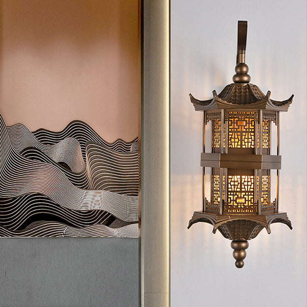 Lámpara Aplique de Pared de 1 Luz de Metal Rectangular de Torre China Tradicional para Patio Exterior 