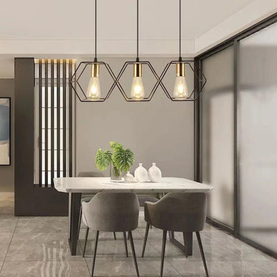 Lustre d'île contemporain hexagonal en fer et aluminium à 3 lumières pour salle à manger 