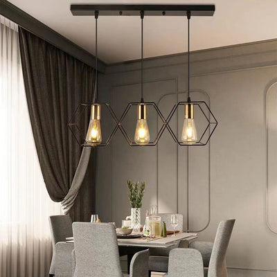 Lustre d'île contemporain hexagonal en fer et aluminium à 3 lumières pour salle à manger 