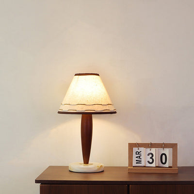 Table Lamp Mid-Century Modern Solid Wood & Marble with Tapered Fabric Shade for Bedroom
