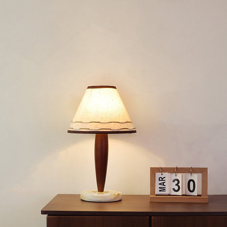 Table Lamp Mid-Century Modern Solid Wood & Marble with Tapered Fabric Shade for Bedroom