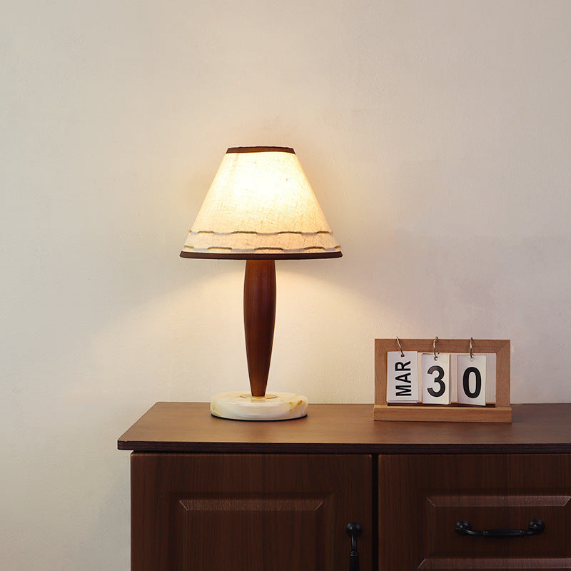 Table Lamp Mid-Century Modern Solid Wood & Marble with Tapered Fabric Shade for Bedroom