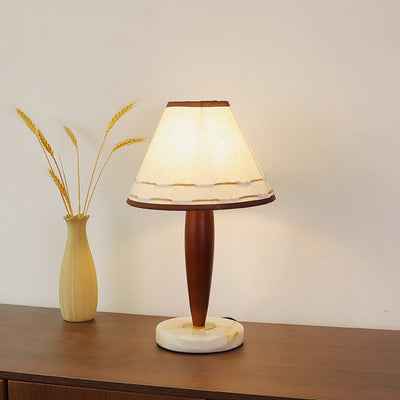 Table Lamp Mid-Century Modern Solid Wood & Marble with Tapered Fabric Shade for Bedroom