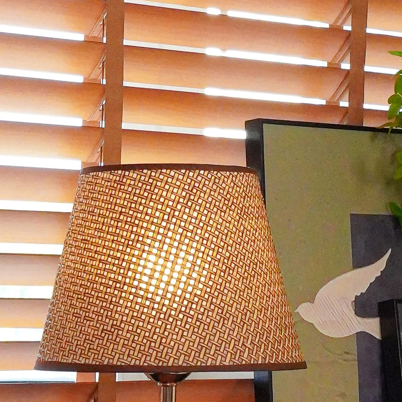 Modern Scandinavian Table Lamp with Iron & Woven Rattan Base and Tapered Shade for Bedroom