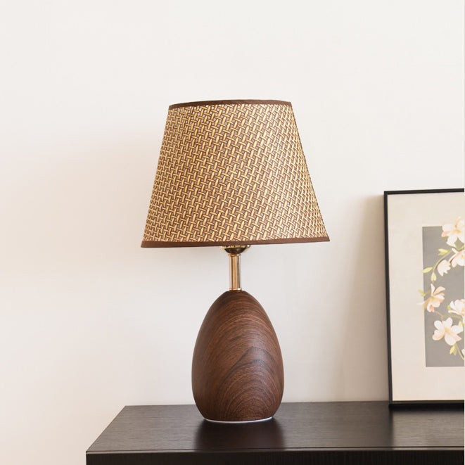 Modern Scandinavian Table Lamp with Iron & Woven Rattan Base and Tapered Shade for Bedroom