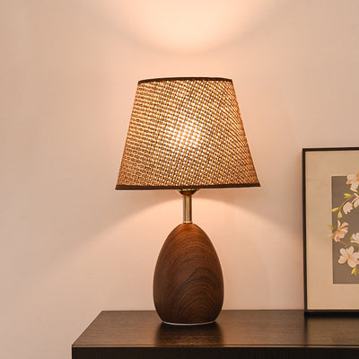 Modern Scandinavian Table Lamp with Iron & Woven Rattan Base and Tapered Shade for Bedroom