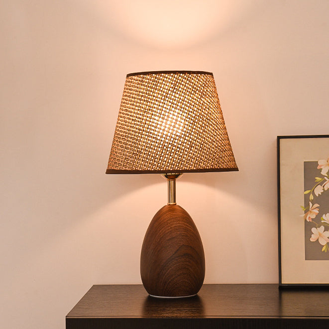 Modern Scandinavian Table Lamp with Iron & Woven Rattan Base and Tapered Shade for Bedroom