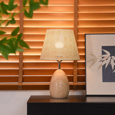 Modern Scandinavian Table Lamp with Iron & Woven Rattan Base and Tapered Shade for Bedroom