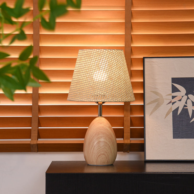 Modern Scandinavian Table Lamp with Iron & Woven Rattan Base and Tapered Shade for Bedroom