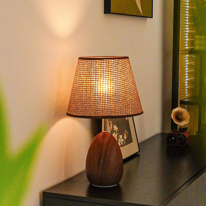 Modern Scandinavian Table Lamp with Iron & Woven Rattan Base and Tapered Shade for Bedroom