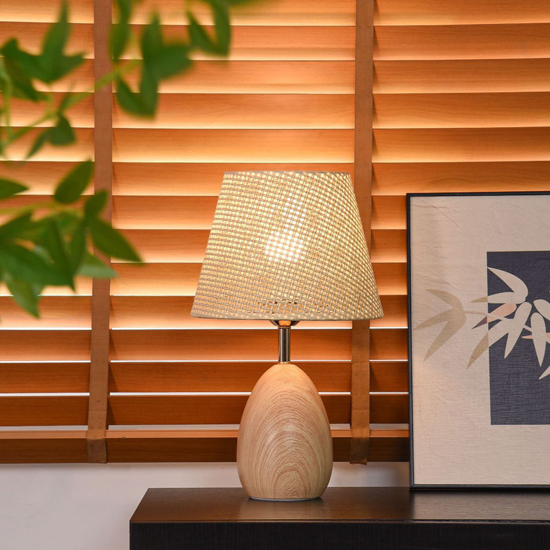 Modern Scandinavian Table Lamp with Iron & Woven Rattan Base and Tapered Shade for Bedroom