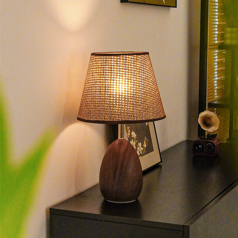 Modern Scandinavian Table Lamp with Iron & Woven Rattan Base and Tapered Shade for Bedroom