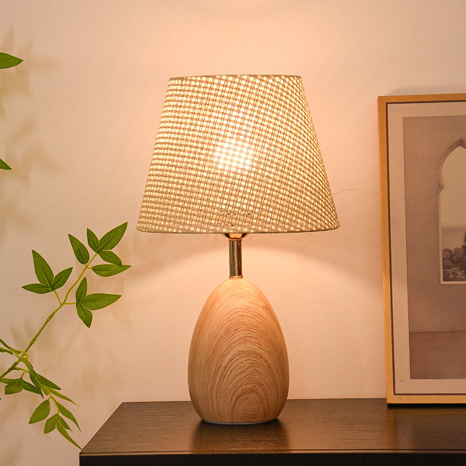 Modern Scandinavian Table Lamp with Iron & Woven Rattan Base and Tapered Shade for Bedroom