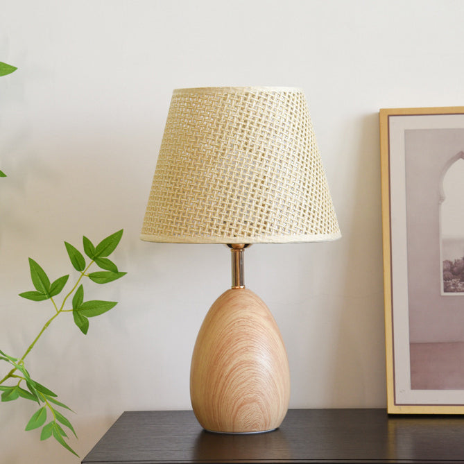 Modern Scandinavian Table Lamp with Iron & Woven Rattan Base and Tapered Shade for Bedroom