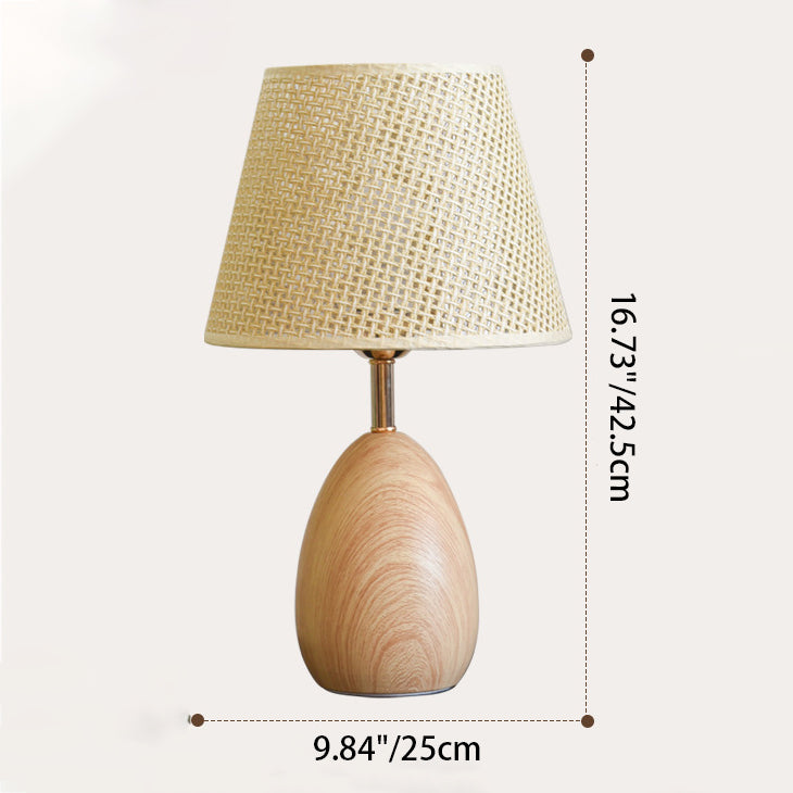 Modern Scandinavian Table Lamp with Iron & Woven Rattan Base and Tapered Shade for Bedroom