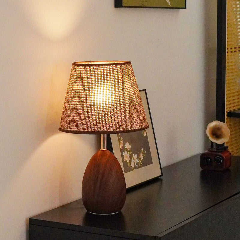 Modern Scandinavian Table Lamp with Iron & Woven Rattan Base and Tapered Shade for Bedroom