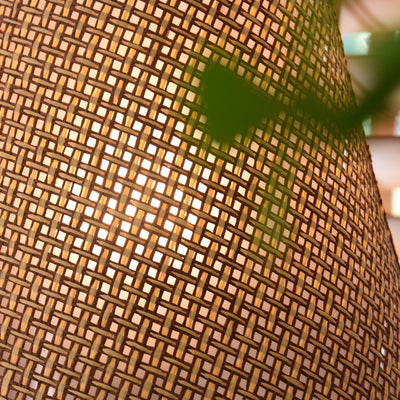 Modern Scandinavian Table Lamp with Iron & Woven Rattan Base and Tapered Shade for Bedroom