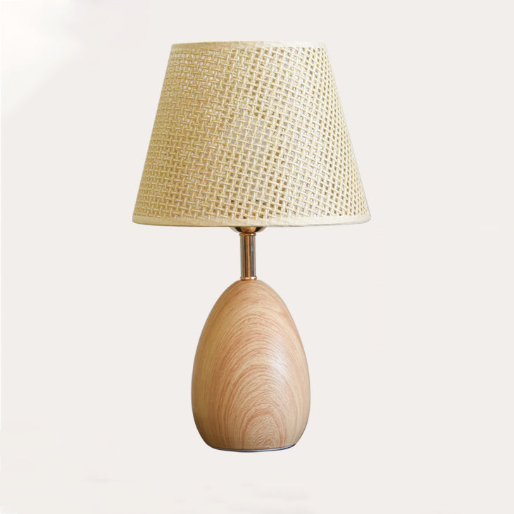 Modern Scandinavian Table Lamp with Iron & Woven Rattan Base and Tapered Shade for Bedroom