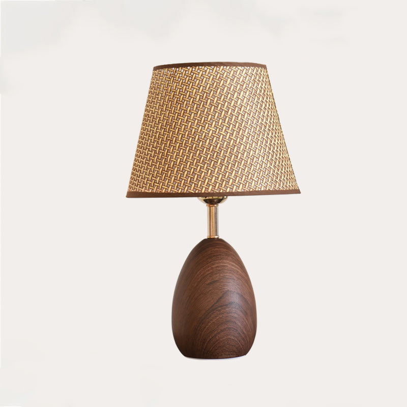 Modern Scandinavian Table Lamp with Iron & Woven Rattan Base and Tapered Shade for Bedroom