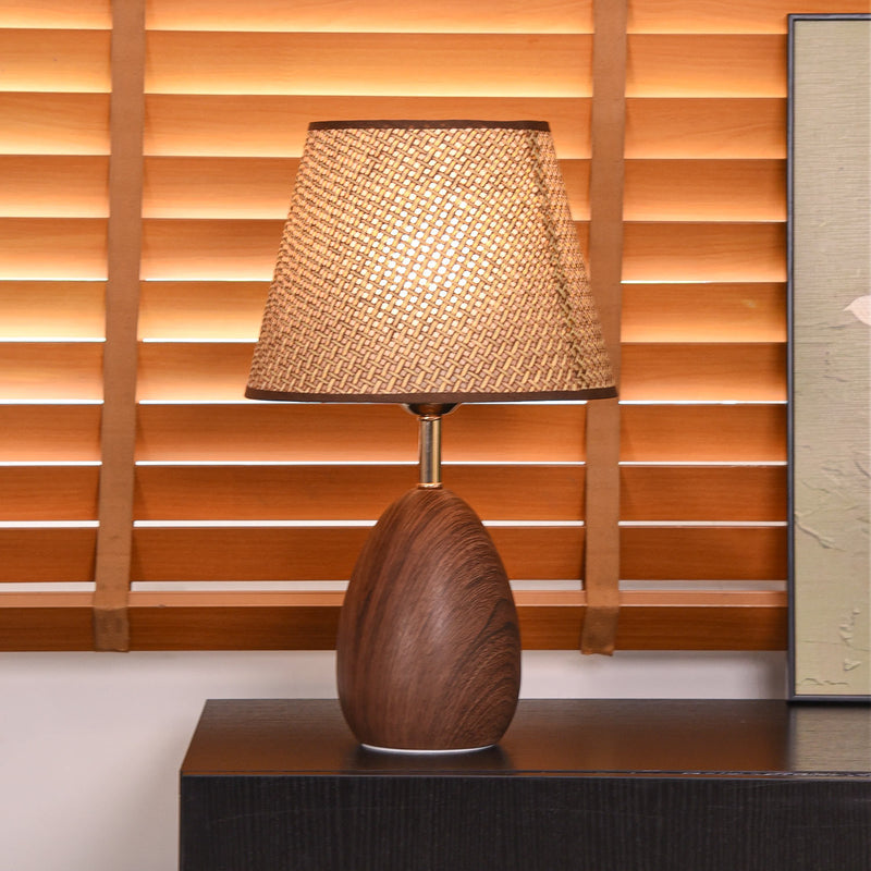 Modern Scandinavian Table Lamp with Iron & Woven Rattan Base and Tapered Shade for Bedroom