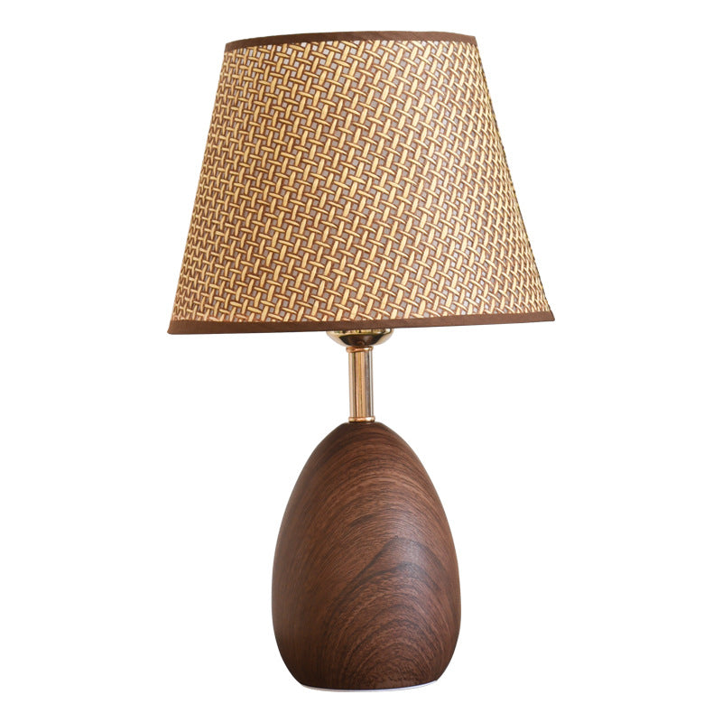 Modern Scandinavian Table Lamp with Iron & Woven Rattan Base and Tapered Shade for Bedroom