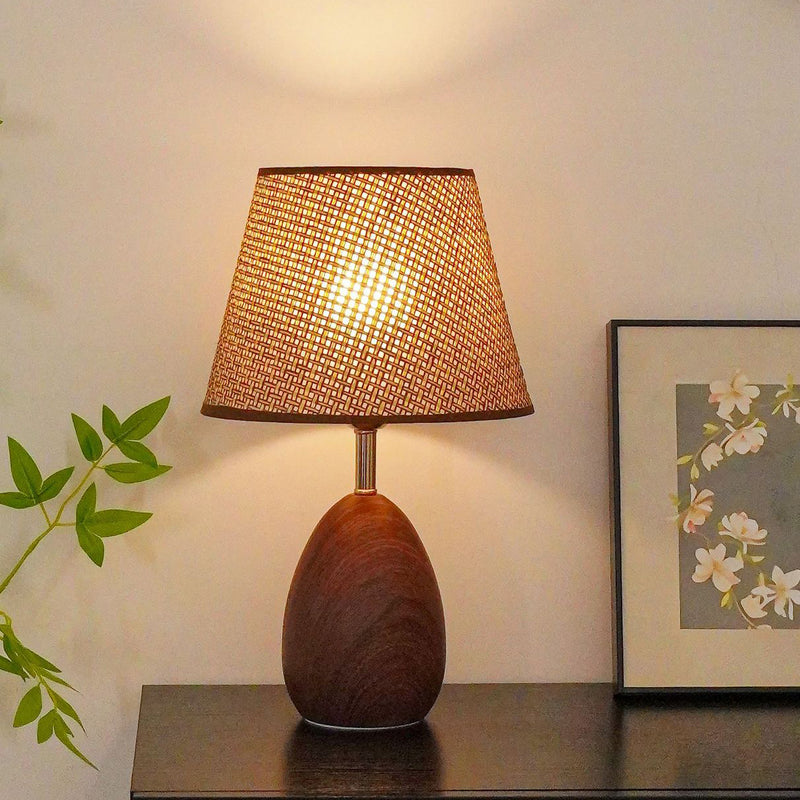 Modern Scandinavian Table Lamp with Iron & Woven Rattan Base and Tapered Shade for Bedroom