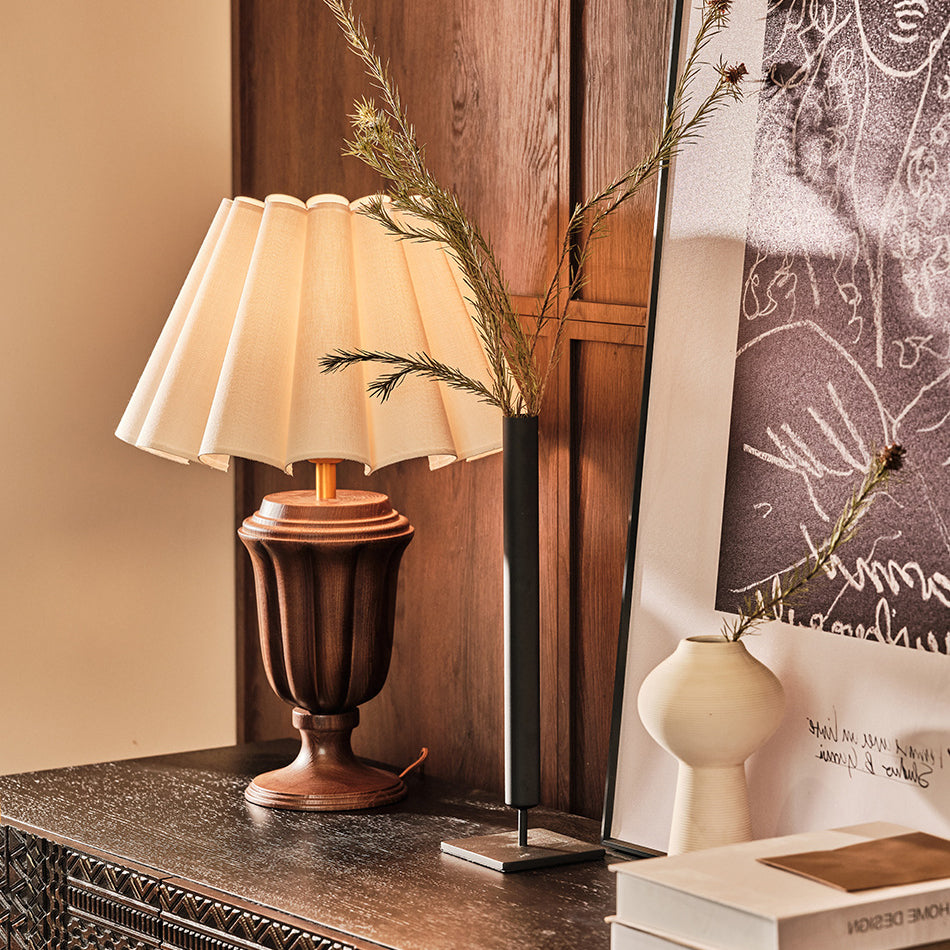 Traditional French Tapered Cotton &amp; Linen Shade Solid Ash Wood Metal 1-Light Table Lamp for Bedroom