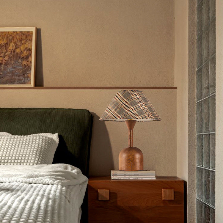 Moderne Mid-Century Kegelkarierte Lampenschirm aus Aschenholz Stoff 1-Licht Tischlampe für das Schlafzimmer 