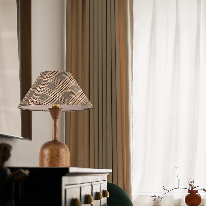 Moderne Mid-Century Kegelkarierte Lampenschirm aus Aschenholz Stoff 1-Licht Tischlampe für das Schlafzimmer 