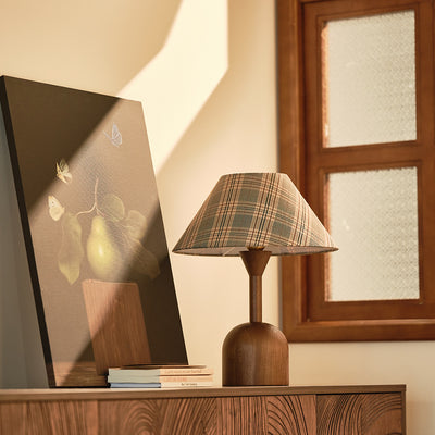Moderne Mid-Century Kegelkarierte Lampenschirm aus Aschenholz Stoff 1-Licht Tischlampe für das Schlafzimmer 