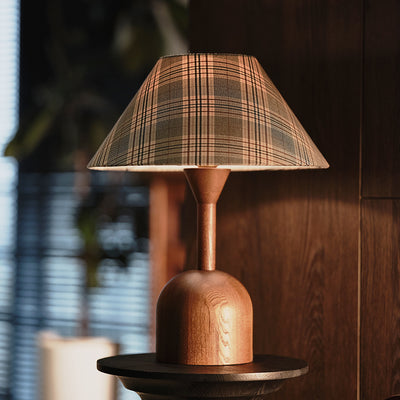 Moderne Mid-Century Kegelkarierte Lampenschirm aus Aschenholz Stoff 1-Licht Tischlampe für das Schlafzimmer 