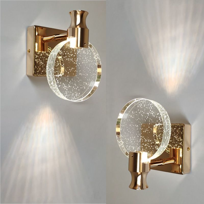 Contemporary Nordic Round Crystal Wall Sconce Lamp with Metal Base LED for Hallway