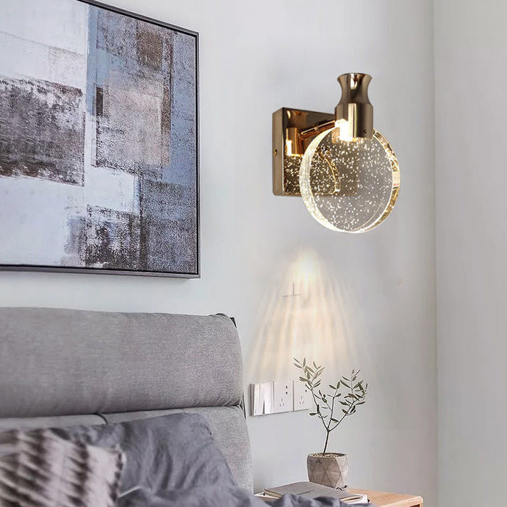 Contemporary Nordic Round Crystal Wall Sconce Lamp with Metal Base LED for Hallway