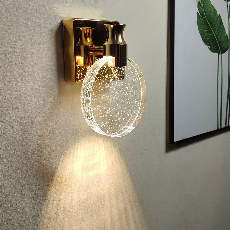 Contemporary Nordic Round Crystal Wall Sconce Lamp with Metal Base LED for Hallway