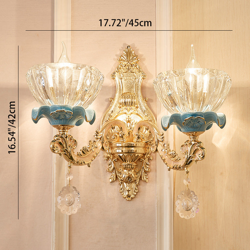Traditionelle Europäische Wandleuchte mit Kristallschirm und Keramik-Zink-Basis, 1/2 Licht für das Schlafzimmer 