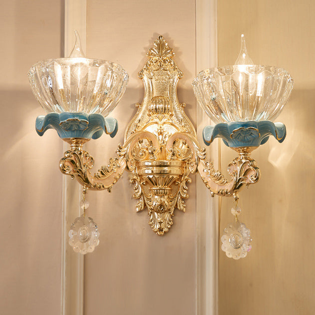 Traditionelle Europäische Wandleuchte mit Kristallschirm und Keramik-Zink-Basis, 1/2 Licht für das Schlafzimmer 