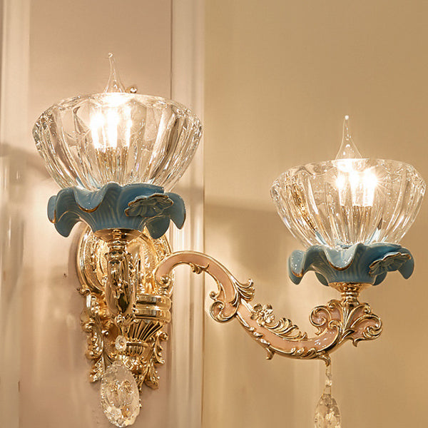 Traditionelle Europäische Wandleuchte mit Kristallschirm und Keramik-Zink-Basis, 1/2 Licht für das Schlafzimmer 