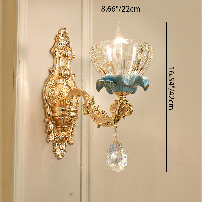 Traditionelle Europäische Wandleuchte mit Kristallschirm und Keramik-Zink-Basis, 1/2 Licht für das Schlafzimmer 