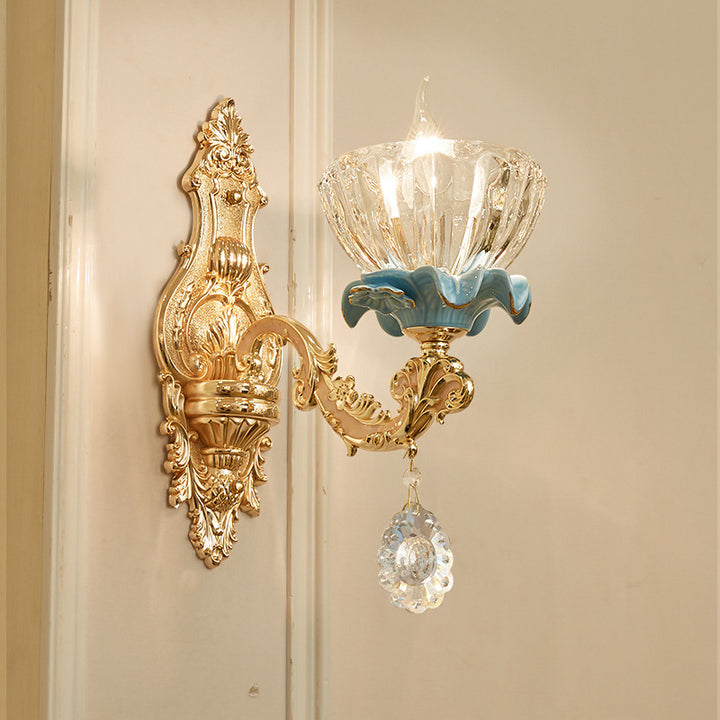 Traditionelle Europäische Wandleuchte mit Kristallschirm und Keramik-Zink-Basis, 1/2 Licht für das Schlafzimmer 