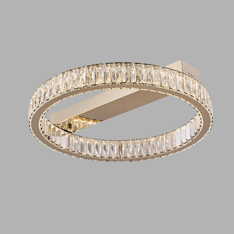 Modern Luxury Double Ring Crystal Semi-Flush Mount Ceiling Light with Stainless Steel Frame LED for Living Room