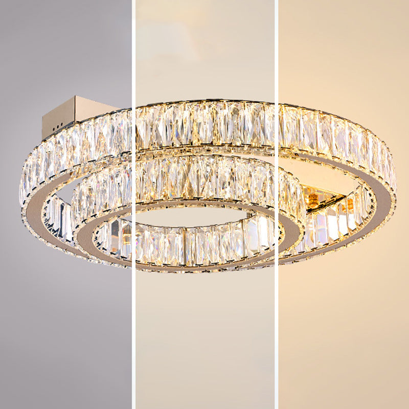 Modern Luxury Double Ring Crystal Semi-Flush Mount Ceiling Light with Stainless Steel Frame LED for Living Room