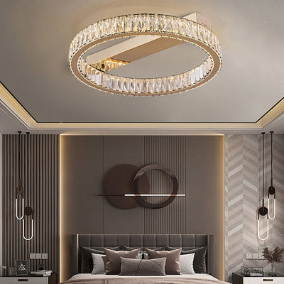 Modern Luxury Double Ring Crystal Semi-Flush Mount Ceiling Light with Stainless Steel Frame LED for Living Room