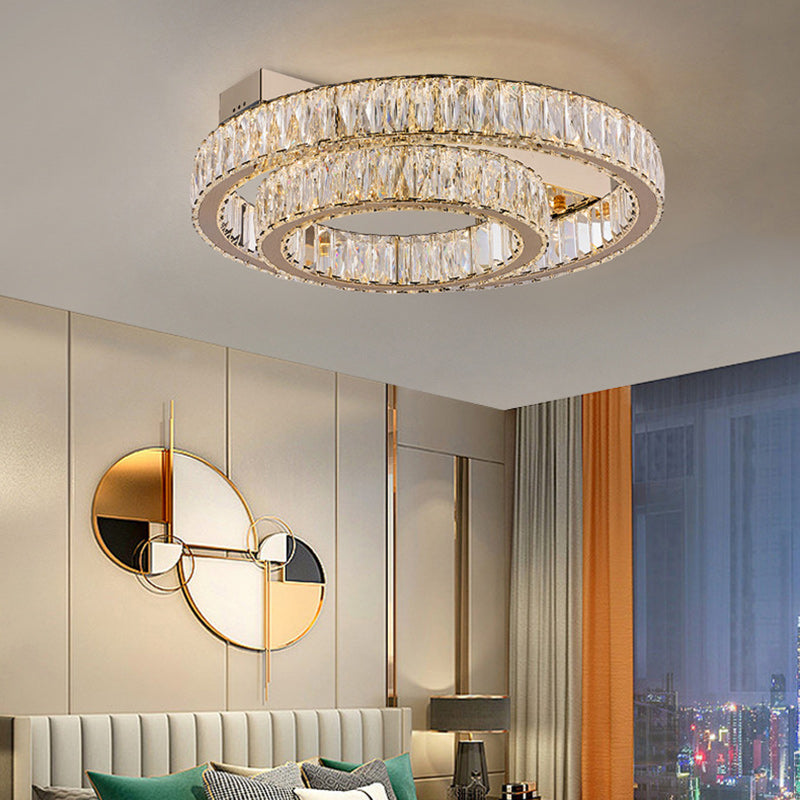 Modern Luxury Double Ring Crystal Semi-Flush Mount Ceiling Light with Stainless Steel Frame LED for Living Room