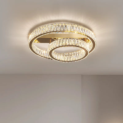 Modern Luxury Double Ring Crystal Semi-Flush Mount Ceiling Light with Stainless Steel Frame LED for Living Room
