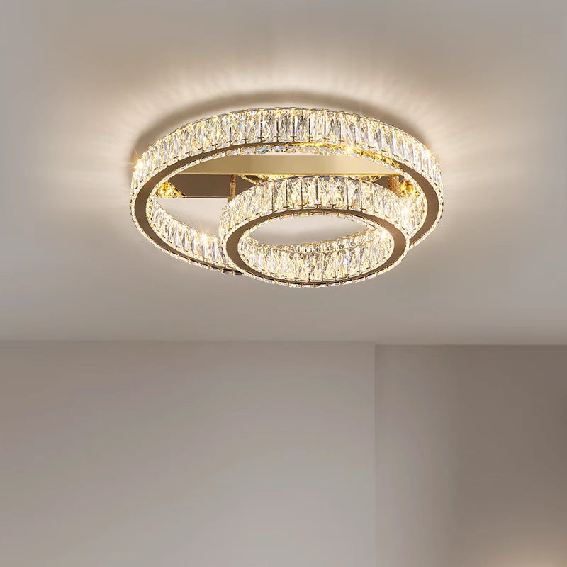 Modern Luxury Double Ring Crystal Semi-Flush Mount Ceiling Light with Stainless Steel Frame LED for Living Room